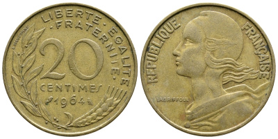 Франция 20 сантимов 1964 тип Марианна KM 930, LE FRANC 156.4 медь алюминий никель 3461-247