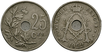 Бельгия 25 сантимов 1922 Belgie, Альберт I (1909-1934) KM 69 медно-никель 4165-832