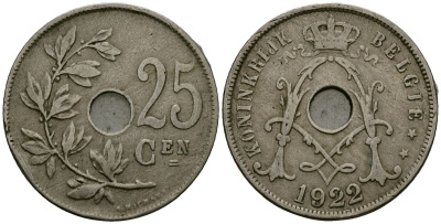 Бельгия 25 сантимов 1922 Belgie, Альберт I (1909-1934) KM 69 медно-никель 4165-832