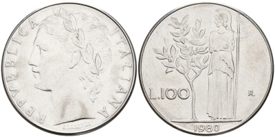 Италия 100 лир 1980 R, Афина в доспехах KM 96.1 сталь    4599-1124