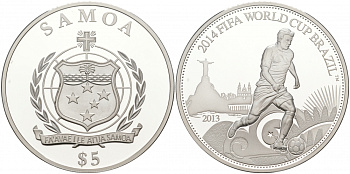 Самоа 5 тала 2013 FIFA, Чемпионат мира по футболу в Бразилии 2014 KM NEW серебро PROOF 11-056-44