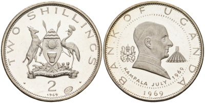 Уганда 2 шиллинга 1969 визит папы Иоанна Павла VI KM 8 серебро PROOF 00-00