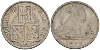 Бельгия 1 франк 1939 Belgique - Belgie KM 119 никель 4603-1221
