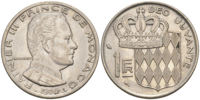 Монако 1 франк 1974 Ренье III (1949-2005) KM 140 никель 73-1146