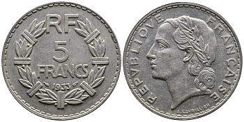 Франция 5 франков 1933 KM 888, Le Franc 336 никель 87-1334