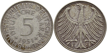 ФРГ 5 марок 1951 G, KM 112.1, J.387 серебро 4683-624