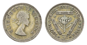 ЮАР 3 пенса 1955 Елизавета II (1952-2022) KM 47 серебро 4547-517
