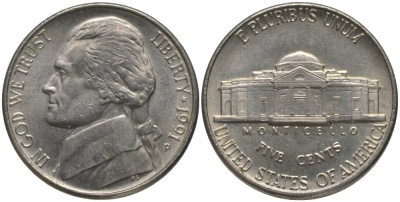 США 5 ЦЕНТОВ 1991 P, ДЖЕФФЕРСОН KM А192 медно-никель 181-121