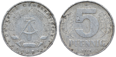 ГДР 5 ПФЕННИГОВ 1975 A KM 9.1 алюминий 62-324