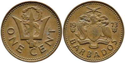 Барбадос 1 цент 1973 сломанный трезубец Британии KM 10 бронза 4396-1238