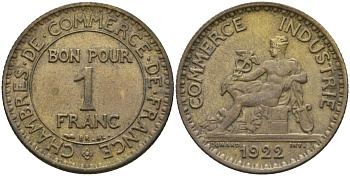 Франция 1 франк 1922 KM 876, Le Franc 218.5 алюминиевая бронза 4142-635