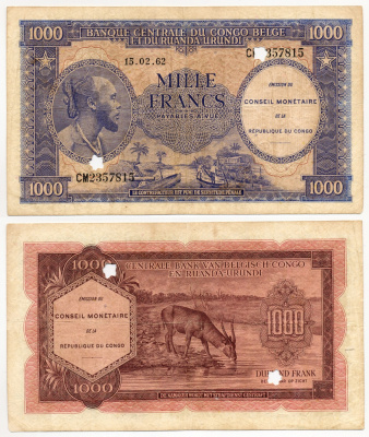 Бельгийское Конго 1000 франков 1962 Руанда-Бурунди, погашенная, антилопа Pick 2a бумага 451-107-2