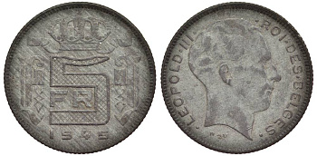 Бельгия 5 франков 1945 Belges, Леопольд III (1934-1947), германская оккупация KM 129.1 цинк 27-953