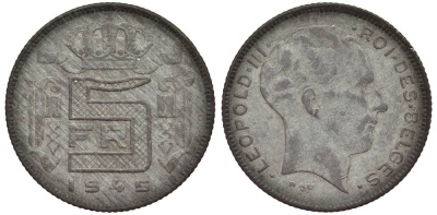 Бельгия 5 франков 1945 Belges, Леопольд III (1934-1947), германская оккупация KM 129.1 цинк 27-953