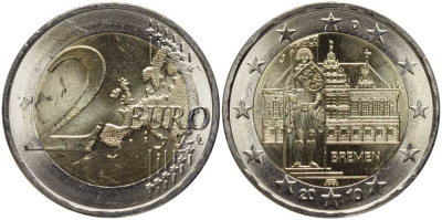 ФРГ 2 евро 2010 J, Бремен, городская ратуша и Роланд, серия Федеральные земли Германии KM 285 биметалл UNC 4112-321