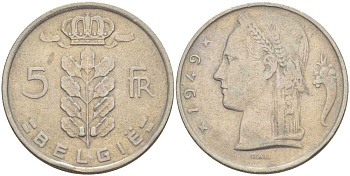 Бельгия 5 франков 1949 Belgie, Леопольд III (1934-1951) KM 135.1 медно-никель 213-413