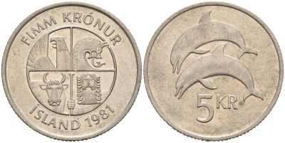 Исландия 5 крон 1981 дельфины KM 28 медно-никель 4556-1013