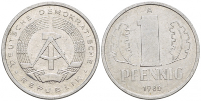 ГДР 1 ПФЕННИГ 1980 А KM алюминий 105-852