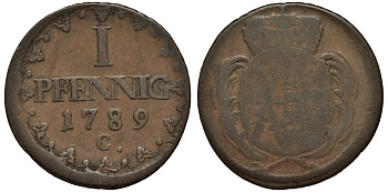 Саксония 1 пфенниг 1789 Фридрих Август III (1763-1806), из коллекции Gerhart Rother KM 1000, Merseb. 2022 медь 413-6642