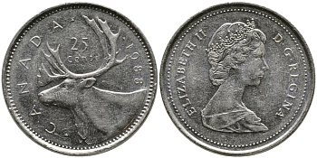 Канада 25 центов 1988 Елизавета II (1952-2022), олень KM 74 никель 4543-751