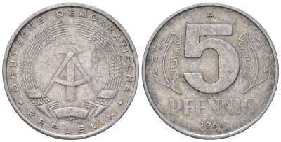ГДР 5 пфеннигов 1968 A KM 9.1 алюминий 4625-236