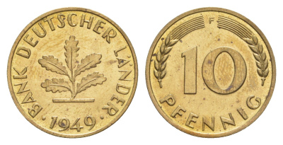 ФРГ 10 пфеннигов 1949 F KM 103, J. 378 сталь плакированная латунью UNC 1527-1045