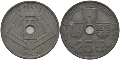 Бельгия 25 сантимов 1942 Belgique - Belgie, Леопольд III (1934-1947), германская оккупация, Вторая мировая война KM 131 цинк 4157-433