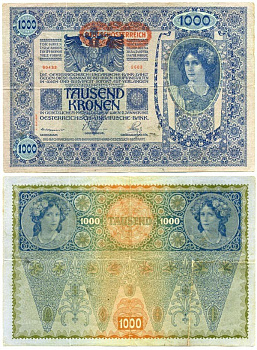 АВСТРИЯ 1000 КРОН 1919 КРАСНАЯ ГОРИЗОНТАЛЬНАЯ НАДПЕЧАТКА НА 1902 Pick 60 бумага 7146-56-1-2