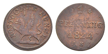 Росток 1 пфенниг 1824 AS, Адам Шиллер (1815-1824) KM 135 медь 1528-614