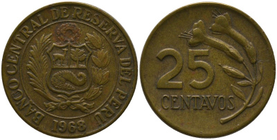 Перу 25 сентаво 1968 KM 246.1, Schon 51 латунь 4532-543