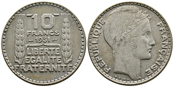 Франция 10 франков 1931 Пьер Тюрен KM 878, Le Franc 360.4 серебро 4683-842