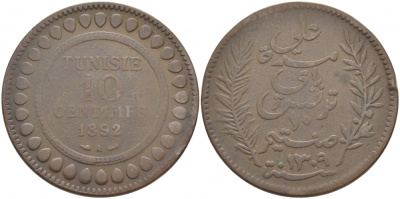 Тунис 10 сантимов 1892 AH 1309, Али III ибн аль-Хусейн KM 222 бронза 115-632