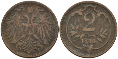 Австрия 2 геллера 1898 Франц Иосиф (1848-1916) KM 2801 бронза 4152-117