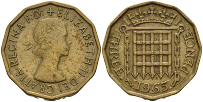 Великобритания 3 пенса 1965 Елизавета II (1952-2022) KM 900, Spink 4153 никель латунь 4153-743