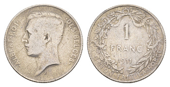 Бельгия 1 франк 1911 Des Belges, Альберт I (1909-1934) KM 72 серебро 4657-532