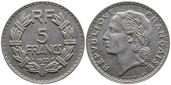 Франция 5 франков 1933 KM 888, Le Franc 336 никель 63-1241