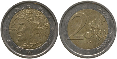 Италия 2 евро 2005 R, Данте KM 217 биметалл 4573-1257