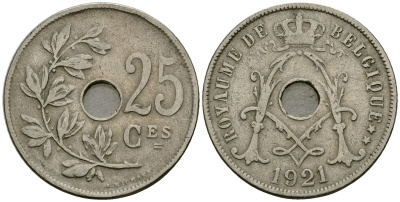 Бельгия 25 сантимов 1921 Belgique KM 68 медно-никель 4168-1224