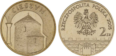 Польша 2 злотых 2005 MW, серия польские города, Цешин (Cieszyn) KM 753, Parchimowicz 962 латунь UNC 603-945