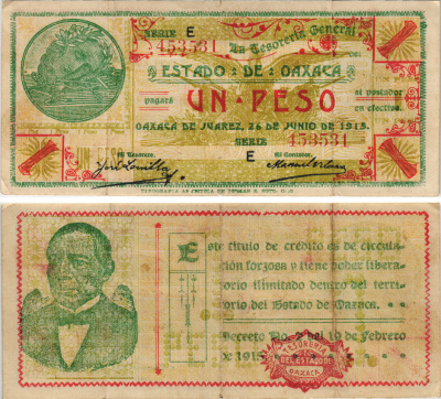 Мексика, Революция 1 песо 1915 Оахака, казначейство, Хуарес Pick S953a бумага 6287-9-4