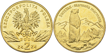 Польша 2 злотых 2006 MW, серия всемирная природа, альпийский сурок KM 534, Parchimowicz 988 нордик UNC 4676-342