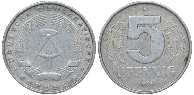 ГДР 5 ПФЕННИГОВ 1968 A KM 9.1 алюминий 62-126
