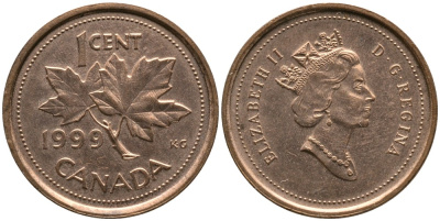КАНАДА 1 ЦЕНТ 1999 ЕЛИЗАВЕТА II (1952-), КЛЕНОВЫЙ ЛИСТ, ТРЕТИЙ ПОРТРЕТ В КОРОНЕ KM 289 сталь плакированная медью 4532-732