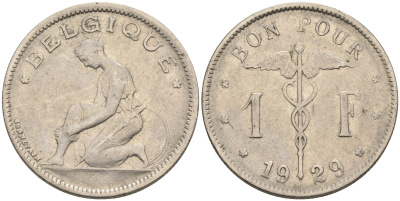 БЕЛЬГИЯ 1 ФРАНК 1929 BELGIQUE KM 89 никель 4563-1151