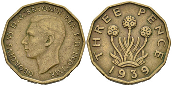 Великобритания 3 пенса 1939 Георг VI (1937-1952) KM 849, Spink 4112 никель латунь 4561-952