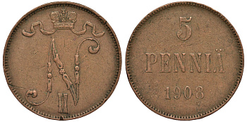 Россия для Финляндии 5 пенни 1908 Николай II (1894-1917) KM 15, Биткин 449 медь 4681-1252