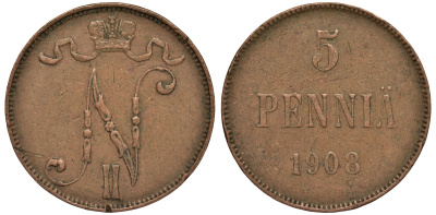 Россия для Финляндии 5 пенни 1908 Николай II (1894-1917) KM 15, Биткин 449 медь 4681-1252