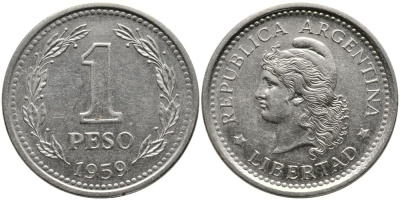 Аргентина 1 песо 1959 голова свободы влево KM 57 сталь плакированная никелем 3336-735