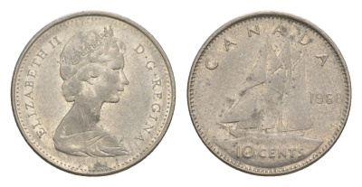 Канада 10 центов 1968 Елизавета II (1952-2022), парусник KM 73 никель 4630-815