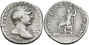Римская Империя денарий 103 - 111 Траян COS V PP SPQR OPTIMO PRINC Рома, держащая Викторию Рим Very fine RIC 116 серебро 1073-4-26
